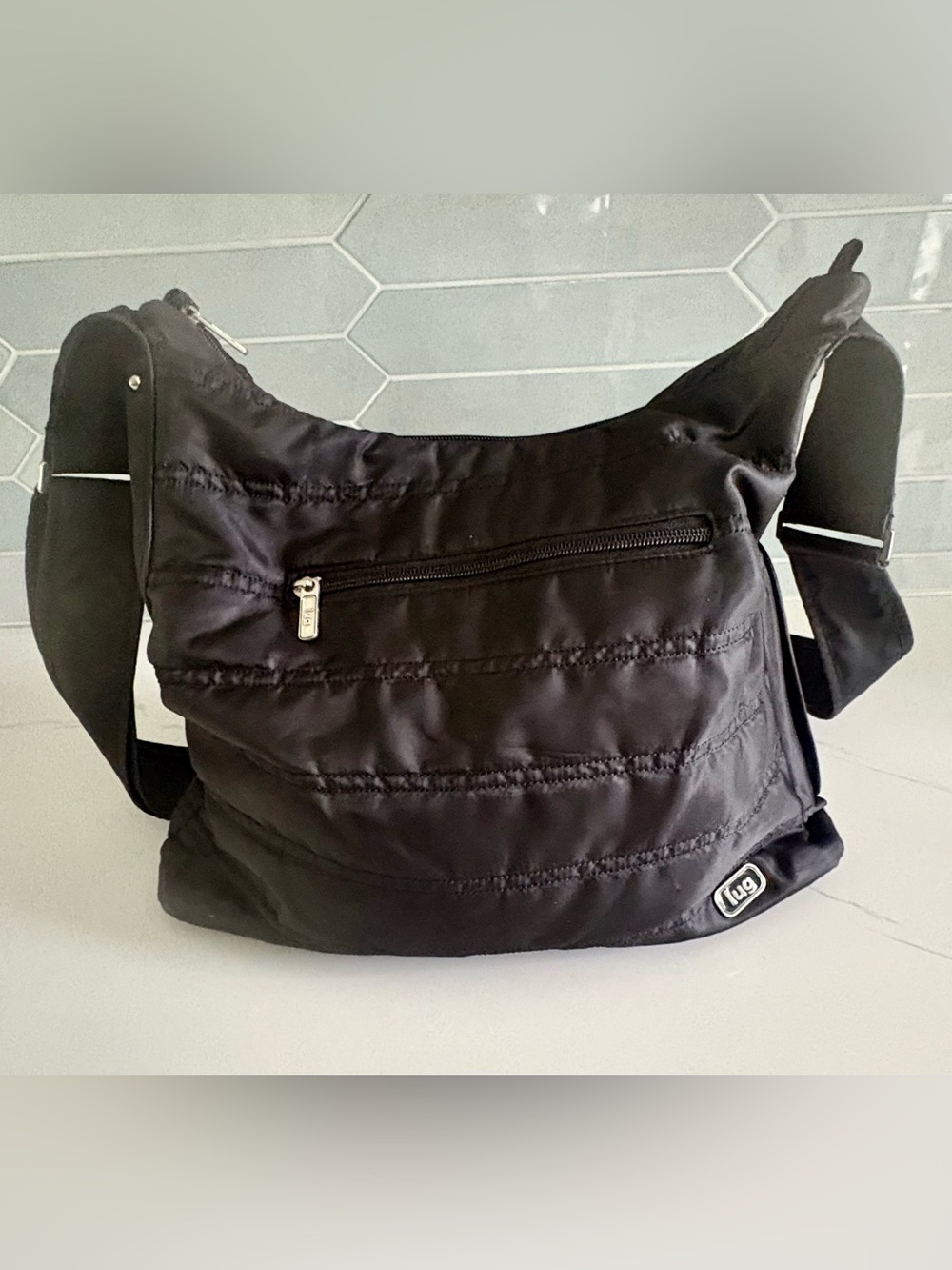 Lug Cable Car Black Quilted Nylon Crossbody Bag Travel Satchel Purse EUC